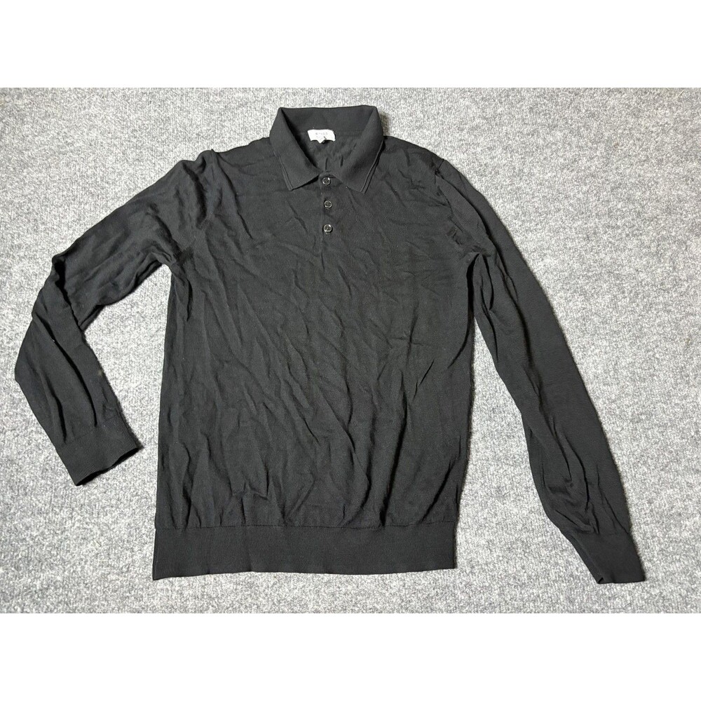 Reiss Sweater Mens L Black 100% Merino Wool Collared Knit Long Sleeve Pullover